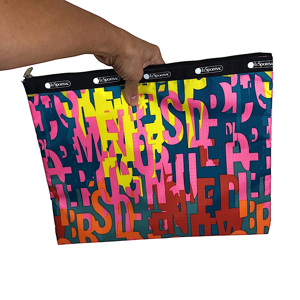 LeSporrsac Ripstop Nylon Colorful All Over Brand Extra Large Pouch 14.5” x 11.5”